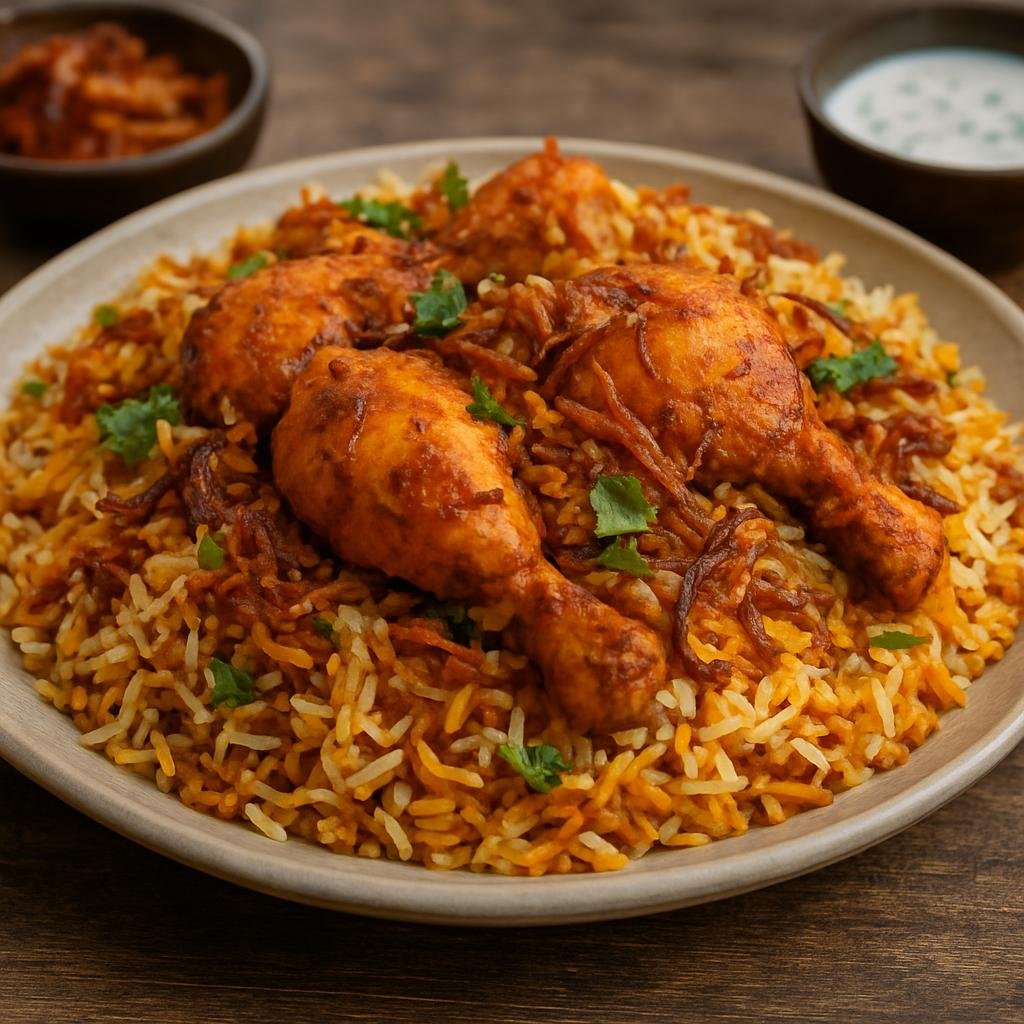 Entree: Pakistan – Coastal Pakistan – کراچی بریانی ➤ Karāchī Biryānī (Layered spiced basmati rice with marinated chicken and fried onions prepared in Karachi’s coastal style) recipe