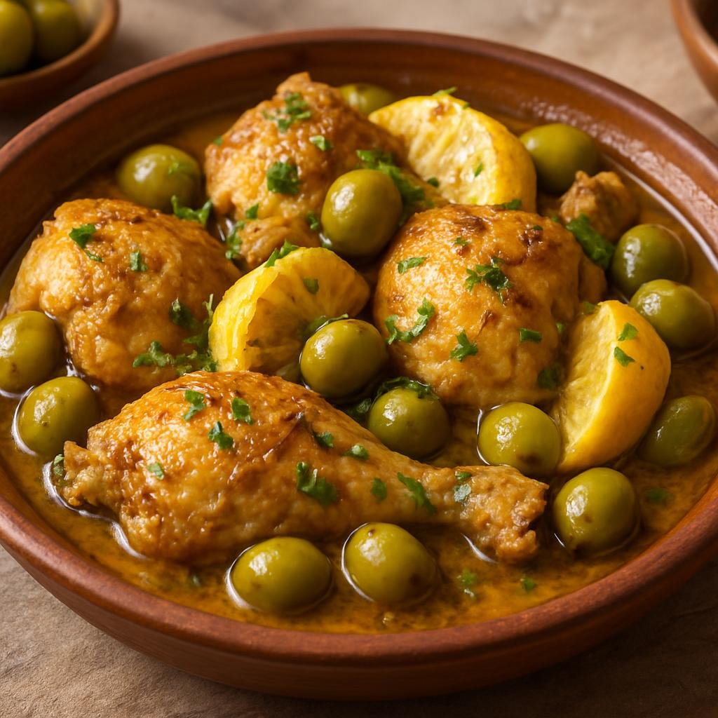 Entree: Morocco – Berber Cuisine – طاجين الدجاج بالليمون المخلل والزيتون ➤ Tajīn al-dajāj bil-laymūn al-mukhallal wa az-zaytūn (North African slow-braised chicken scented with warm spices, preserved lemons, and briny olives) recipe