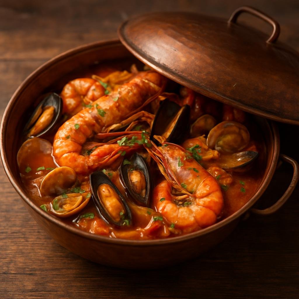Entree: Portugal – Algarve – Cataplana de Marisco (Algarve-style mixed seafood stew cooked in a hinged copper cataplana vessel) recipe