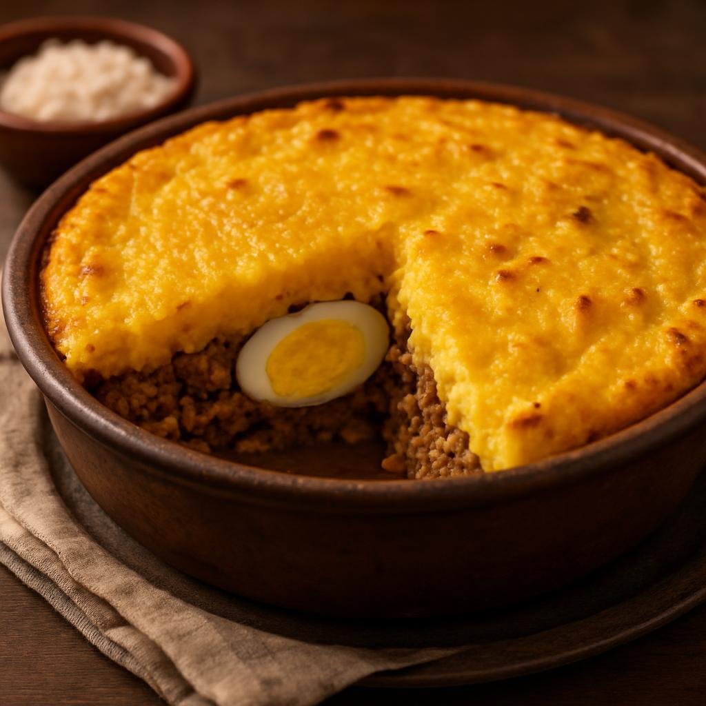 Entree: Chile – Central Culinary Region – Pastel de Choclo (Baked Chilean corn casserole with a savory meat-and-egg filling topped by sweet mashed corn) recipe