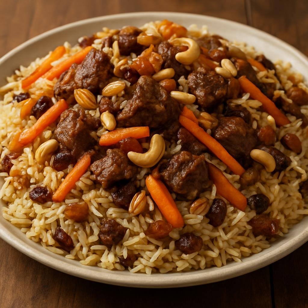 Entree: Afghanistan – Hazarajat Highlands – کابلی پلو ➤ Kābulī Pulao (Aromatic Afghan rice pilaf layered with tender lamb, sweet carrots, raisins, and nuts) recipe