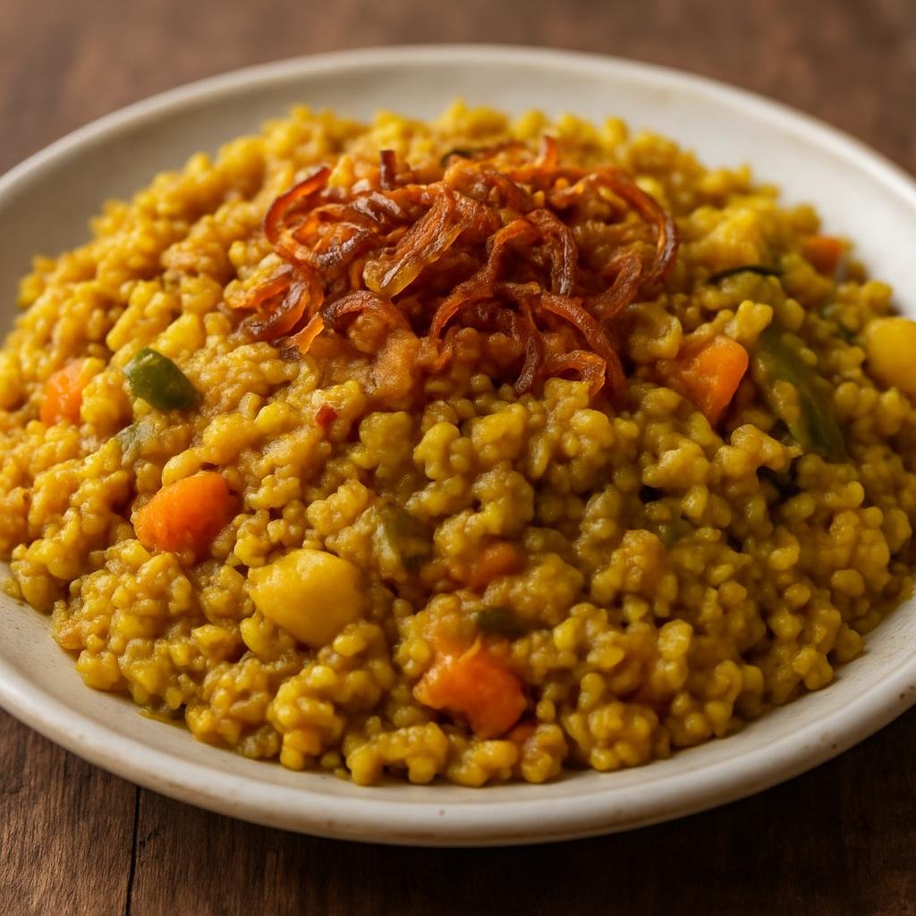 Entree: Bangladesh – Bengali River Delta – ভুনা খিচুড়ি ➤ Bhuna Khichuri (Spiced Bengali rice-and-lentil pilaf cooked with sautéed spices, vegetables, and fried onions) recipe