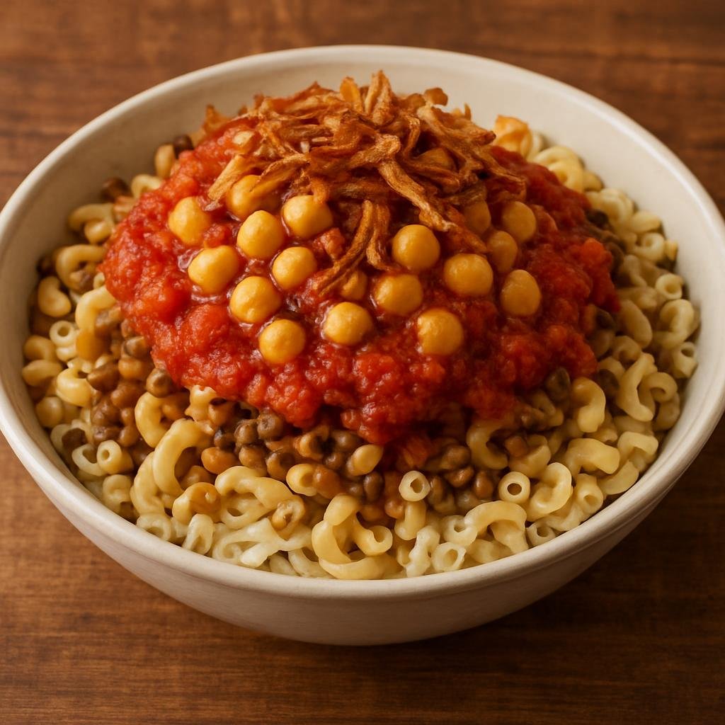 Entree: Egypt – Cairo & Delta – كشرى ➤ Koshari (Hearty Egyptian layered dish of rice, lentils, and macaroni topped with spiced tomato sauce, chickpeas, and crispy fried onions) recipe