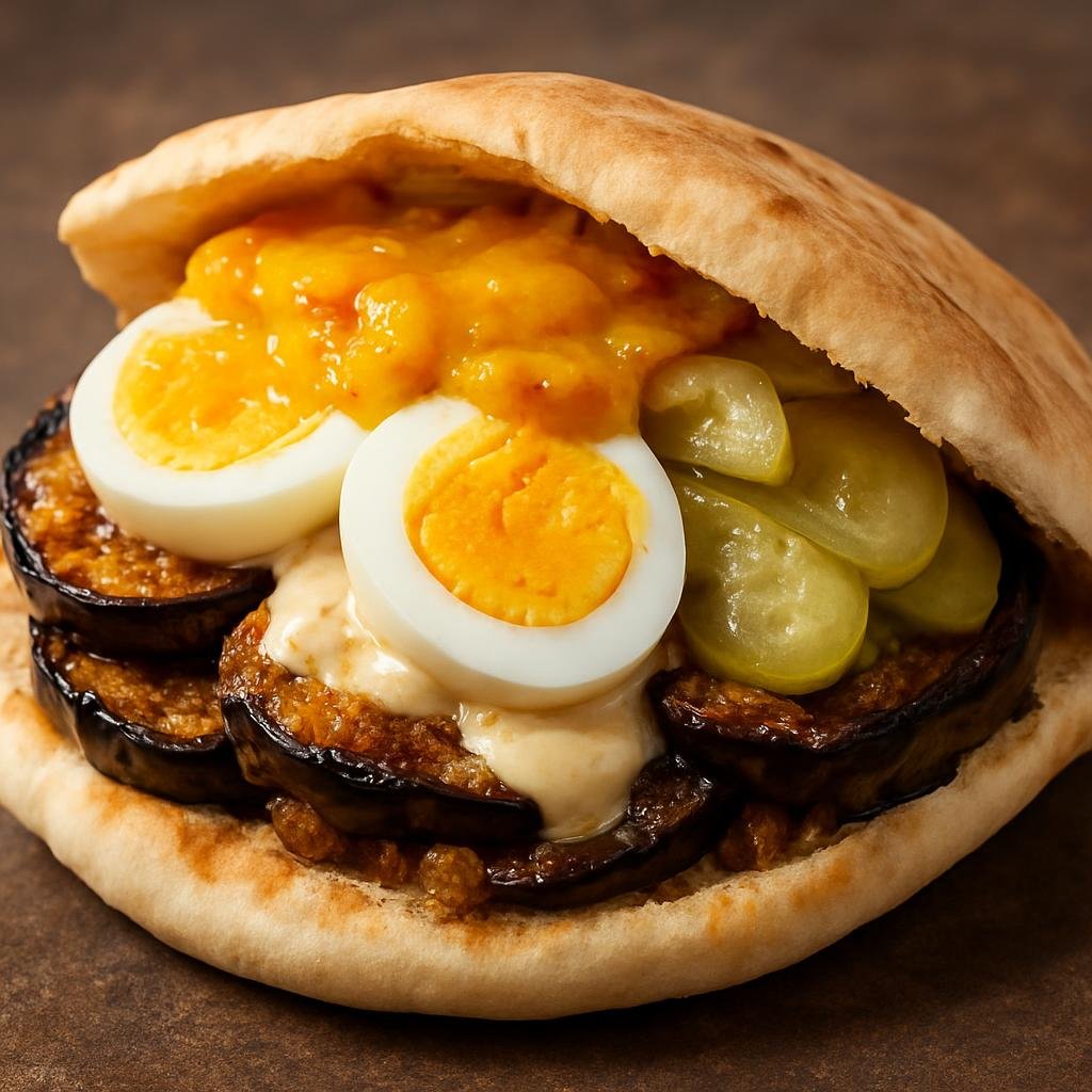 Entree: Israel – Israeli Street Food – סביח ➤ Sabich (Israeli stuffed pita filled with fried eggplant, hard-boiled eggs, tahini, pickles, and tangy mango amba) recipe