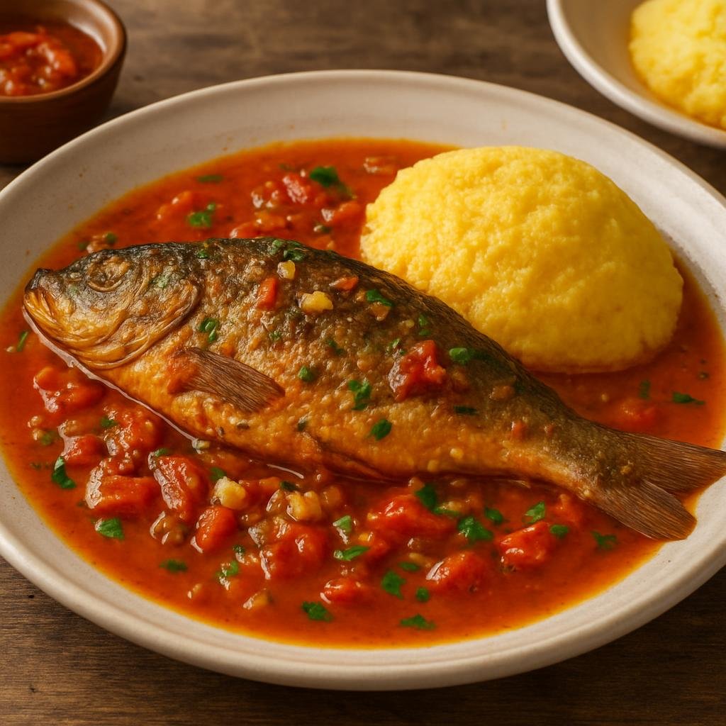 Entree: Romania – Dobrogea – Saramura de Pește (Dobrogean grilled fish served with a hot garlicky salted broth poured over and accompanied by polenta) recipe