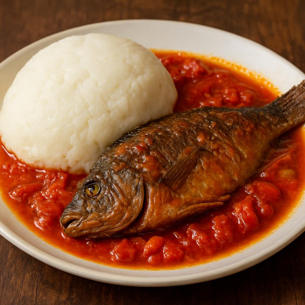 Entree: Tanzania – Lake Victoria Tanzania – Ugali na Samaki (Stiff cornmeal porridge served with a spiced tomato fish stew) recipe