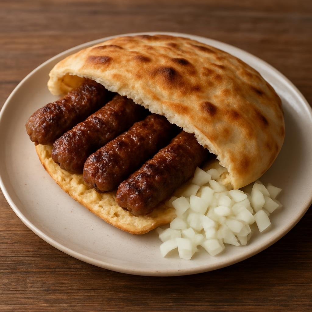 Entree: Bosnia and Herzegovina – National Cuisine – Ćevapi (Grilled skinless minced-meat sausages served with flatbread and raw onions) recipe
