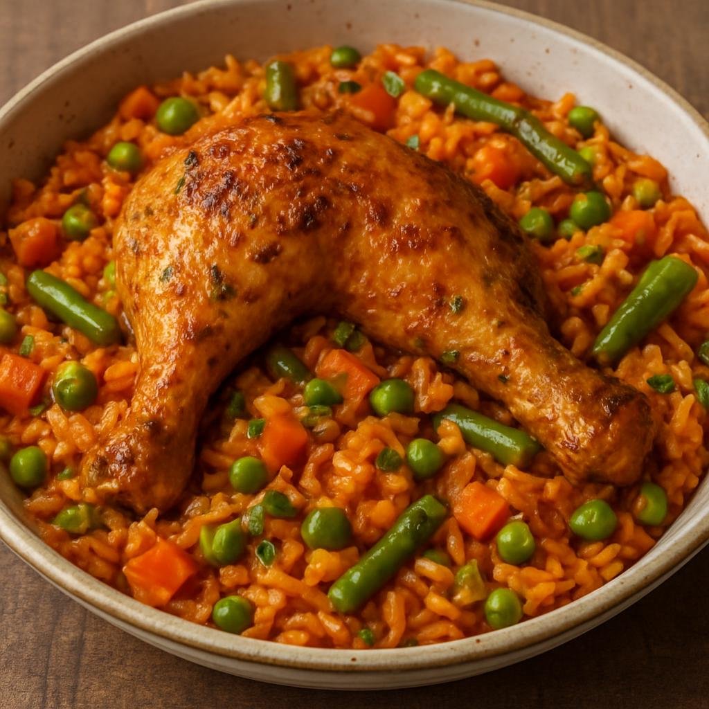 Entree: Burkina Faso – National Cuisine – Riz Gras (One-pot West African tomato rice cooked with spiced chicken and mixed vegetables) recipe