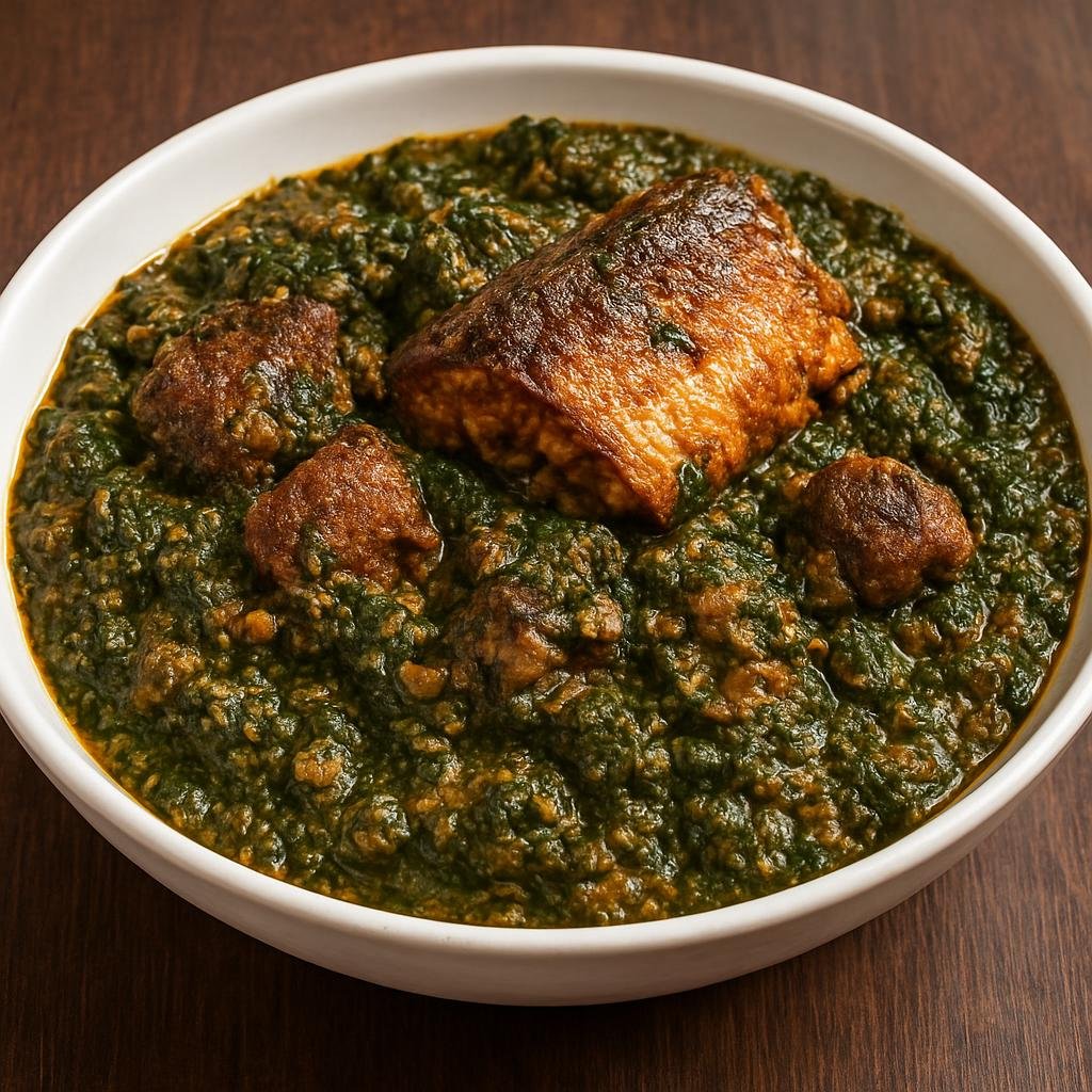 Entree: Cameroon – National Cuisine – Ndolé (Savory Cameroonian stew of bitter leaves cooked with ground peanuts and hearty proteins such as beef and smoked fish) recipe