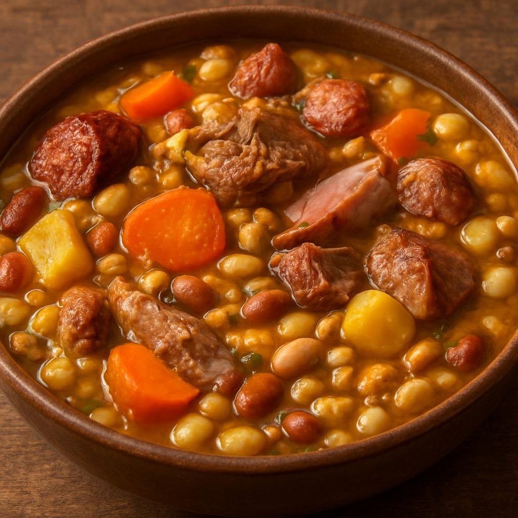 Entree: Cape Verde – National Cuisine – Cachupa (Hearty Cape Verdean slow-cooked stew of hominy, beans, vegetables, and mixed meats) recipe