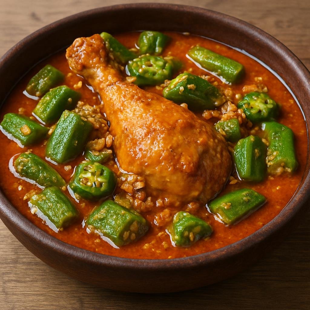 Entree: Central African Republic – National Cuisine – Muamba de Galinha (Spicy Central African chicken stew braised in palm oil with okra and ground peanuts) recipe