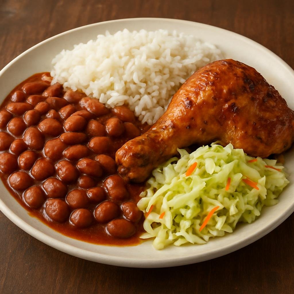 Entree: Dominican Republic – National Cuisine – La Bandera (Traditional Dominican plate of white rice, stewed red beans, and braised chicken served with a simple cabbage salad) recipe