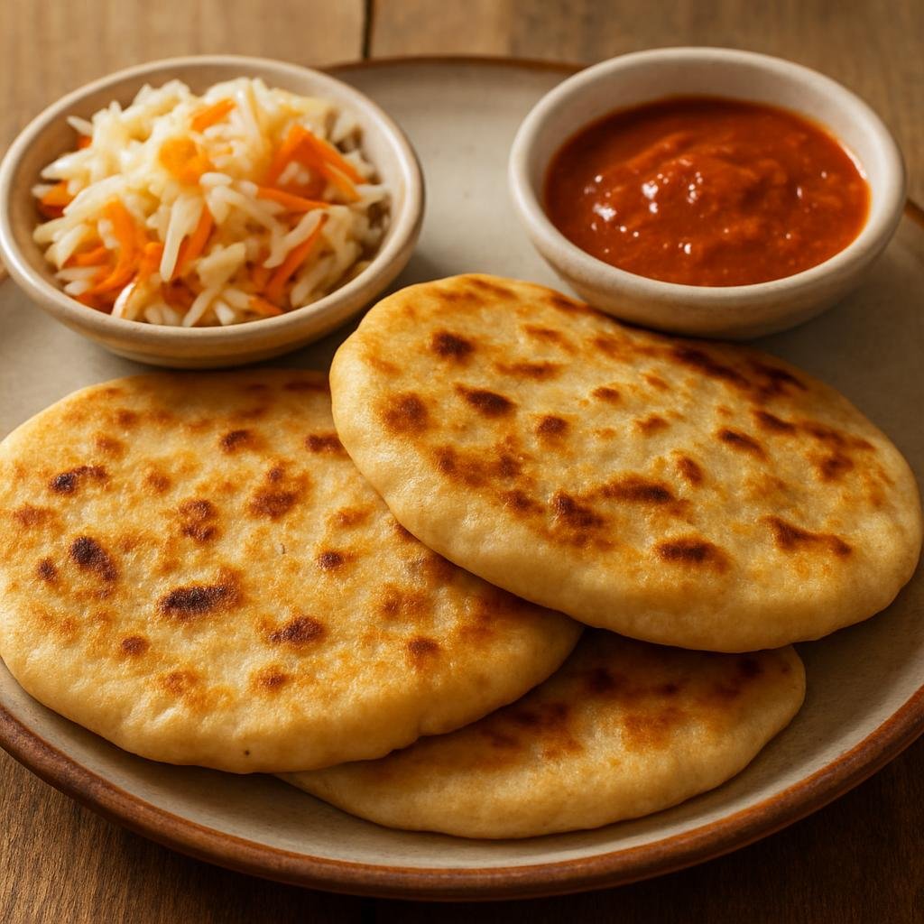 Entree: El Salvador – National Cuisine – Pupusas (Thick Salvadoran corn tortillas stuffed with cheese, pork, or beans and served with curtido and tomato salsa) recipe