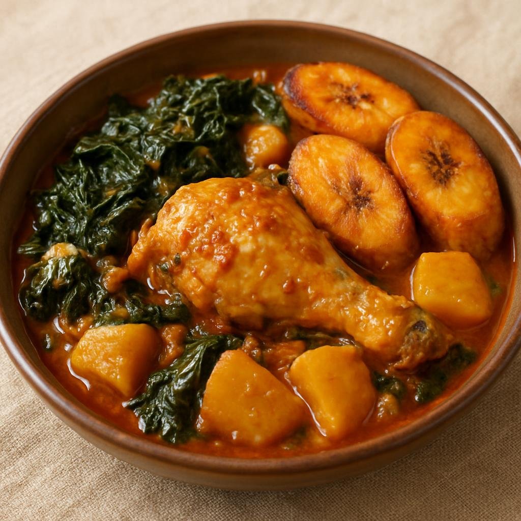 Entree: Equatorial Guinea – National Cuisine – Pepesup (Hearty Equatoguinean chicken and root vegetable stew with plantain and leafy greens) recipe