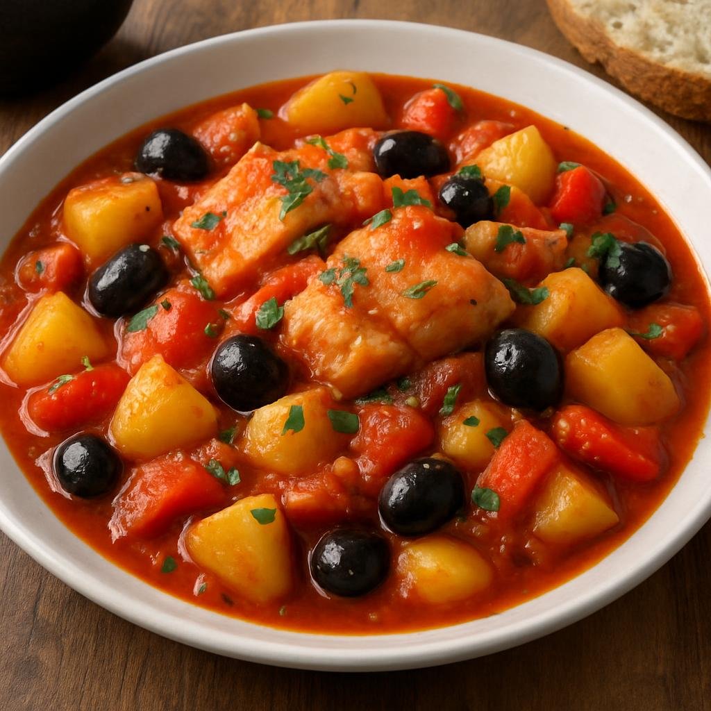 Entree: Norway – Norwegian Coastal Seafood – Bacalao (Salted cod stew braised with tomatoes, potatoes, peppers, and olives) recipe