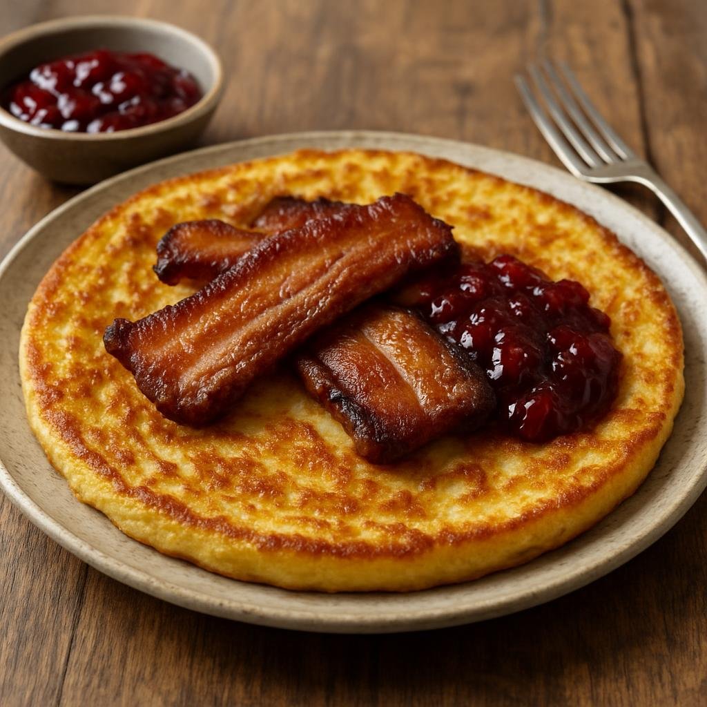 Entree: Sweden – Skane / South Sweden – Äggakaka (Thick skillet-baked egg pancake from Skåne traditionally served with fried pork and lingonberry jam) recipe