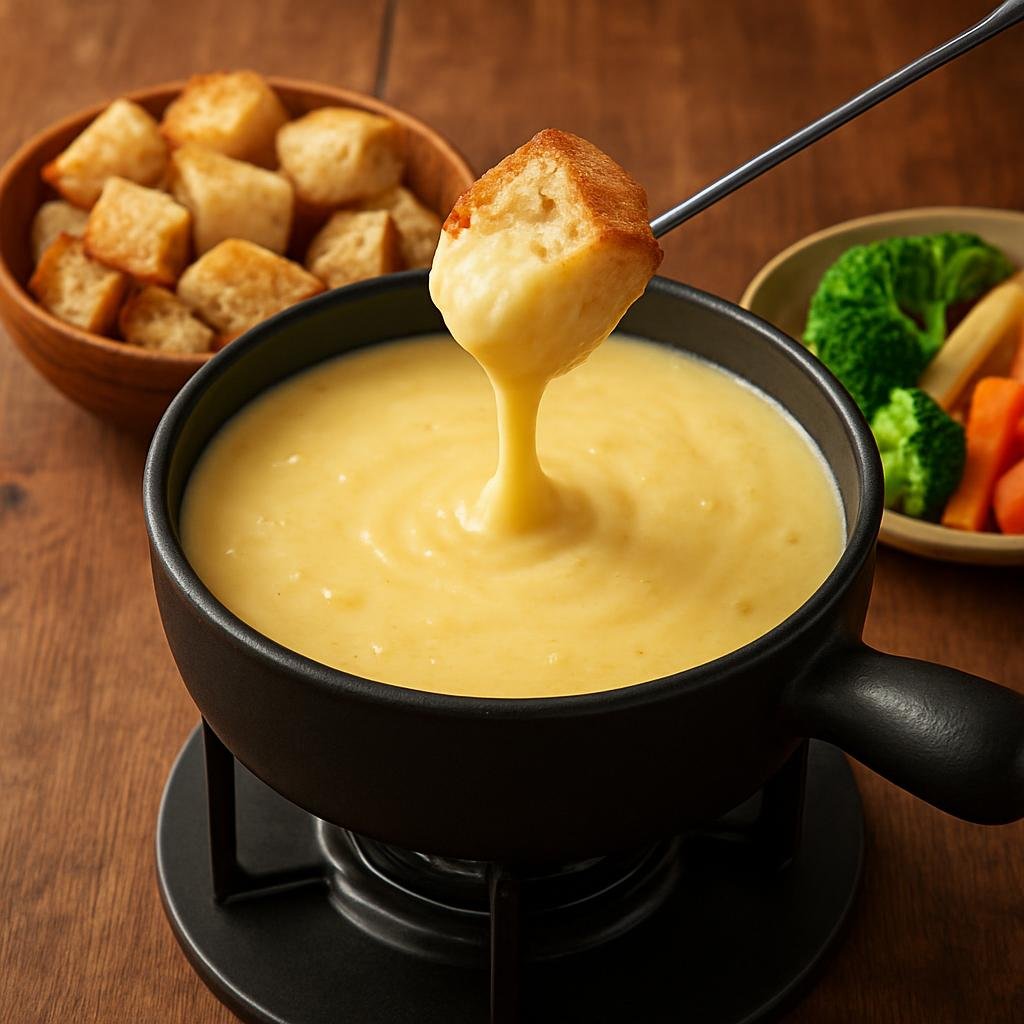 Entree: Switzerland – French Swiss – Fondue (Communal melted Swiss cheese served in a pot for dipping bread and vegetables) recipe