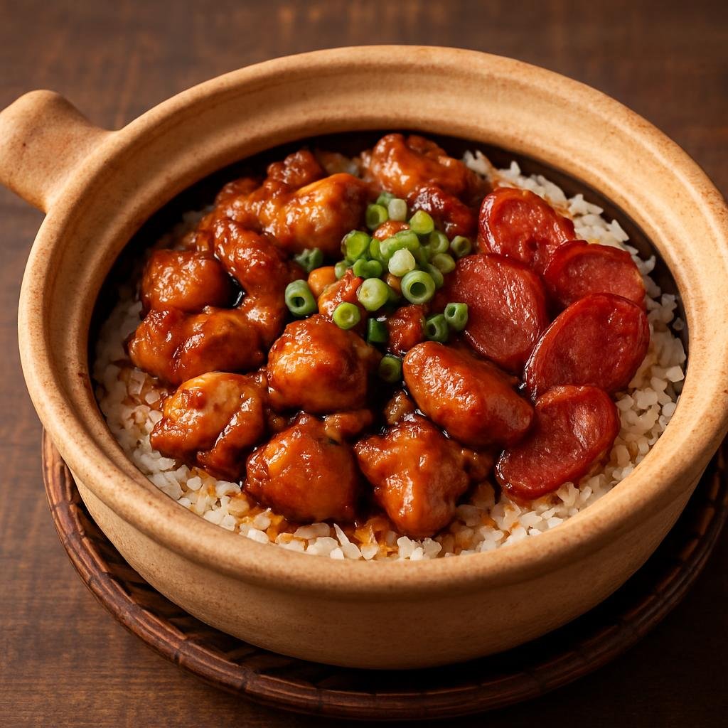 Entree: Hong Kong – Northern Culinary Region – 煲仔飯 ➤ bou zai faan (Rice cooked in a claypot with savory sauces and toppings such as chicken and Chinese sausage) recipe