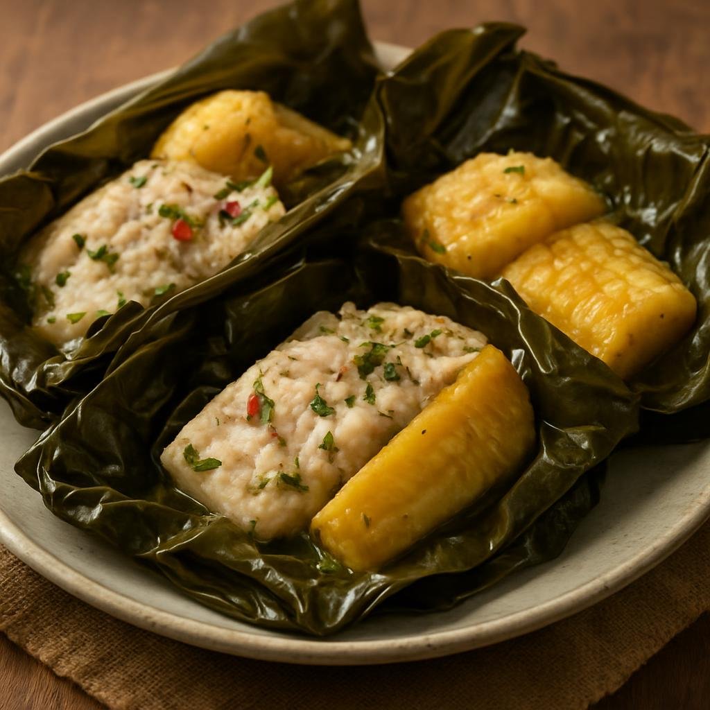 Entree: Kiribati – Northern Culinary Region – Te Bua Toro Ni Baukin (Coconut-baked fish and breadfruit parcels steamed in leaves, a traditional island-style main course) recipe