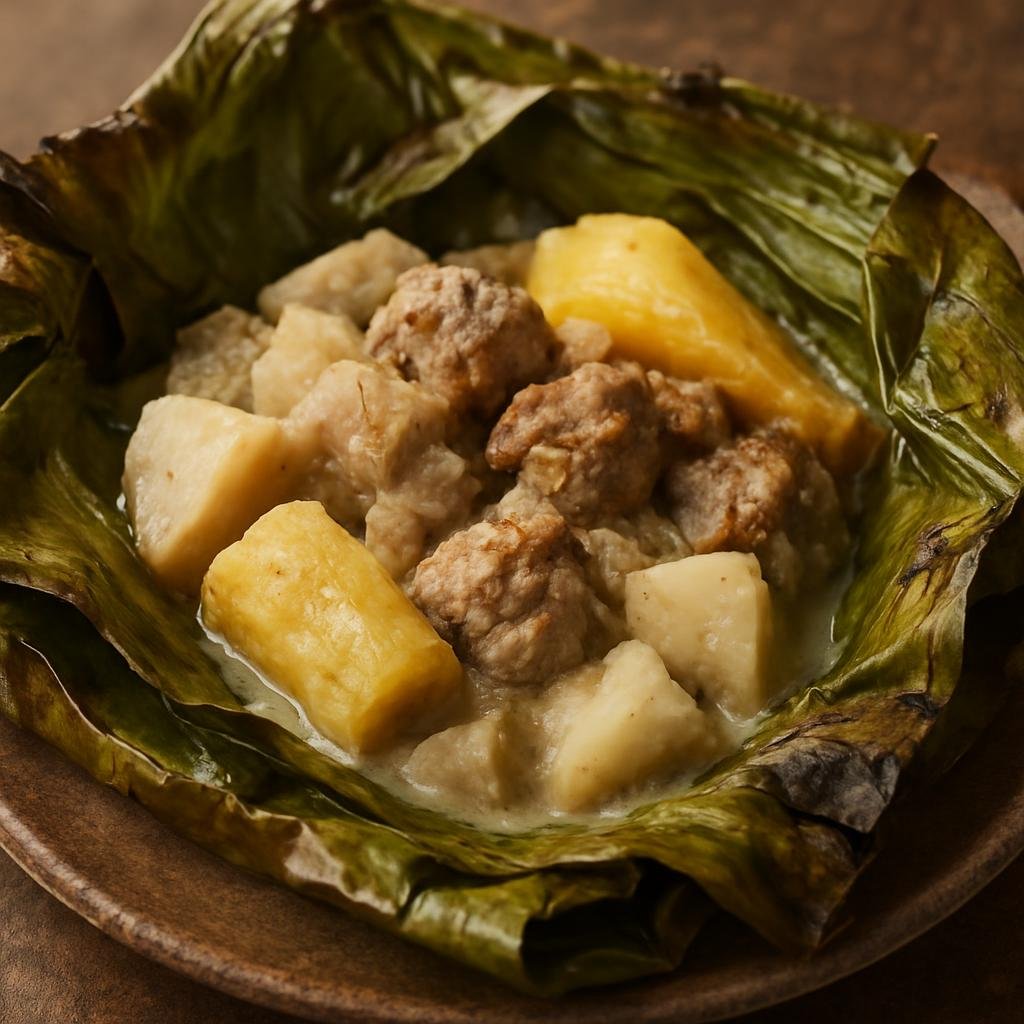 Entree: New Caledonia – Northern Culinary Region – Bougna (Steamed banana leaf parcel of starchy roots, plantain, coconut milk, and seasoned meat cooked in an earth oven) recipe