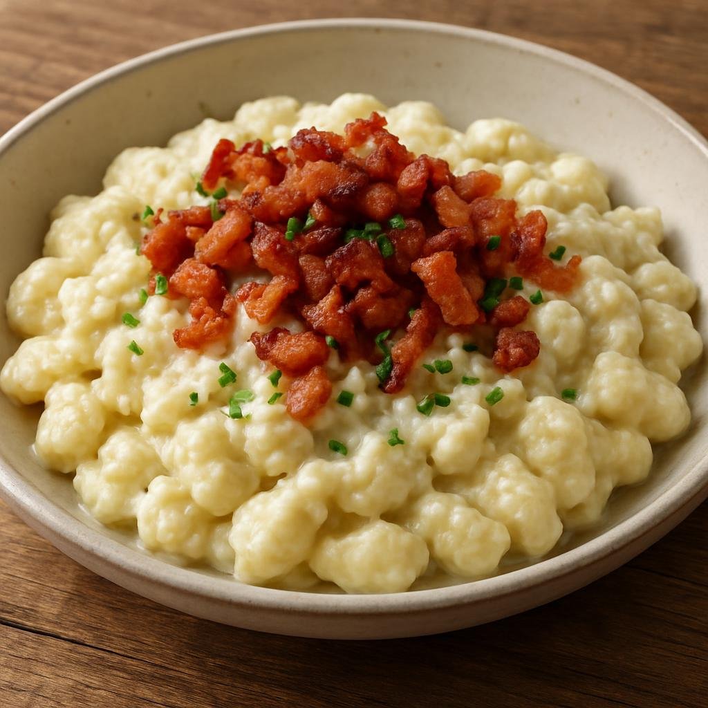 Entree: Slovakia – Southern Culinary Region – Bryndzové Halušky (Potato dumplings tossed with tangy bryndza sheep cheese and topped with fried smoked bacon) recipe