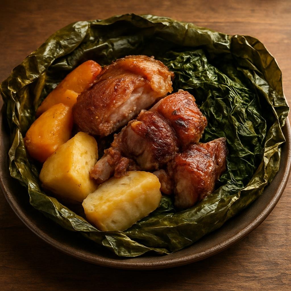 Entree: Papua New Guinea – Northern Culinary Region – Mumu (Traditional earth-oven roast of pork, root vegetables, and greens wrapped and steamed in leaves) recipe