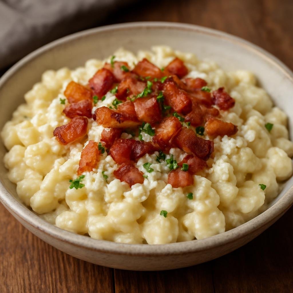 Entree: Slovakia – Northern Culinary Region – Bryndzové Halušky (Potato dumplings tossed with salty sheep cheese and crisp smoked bacon) recipe