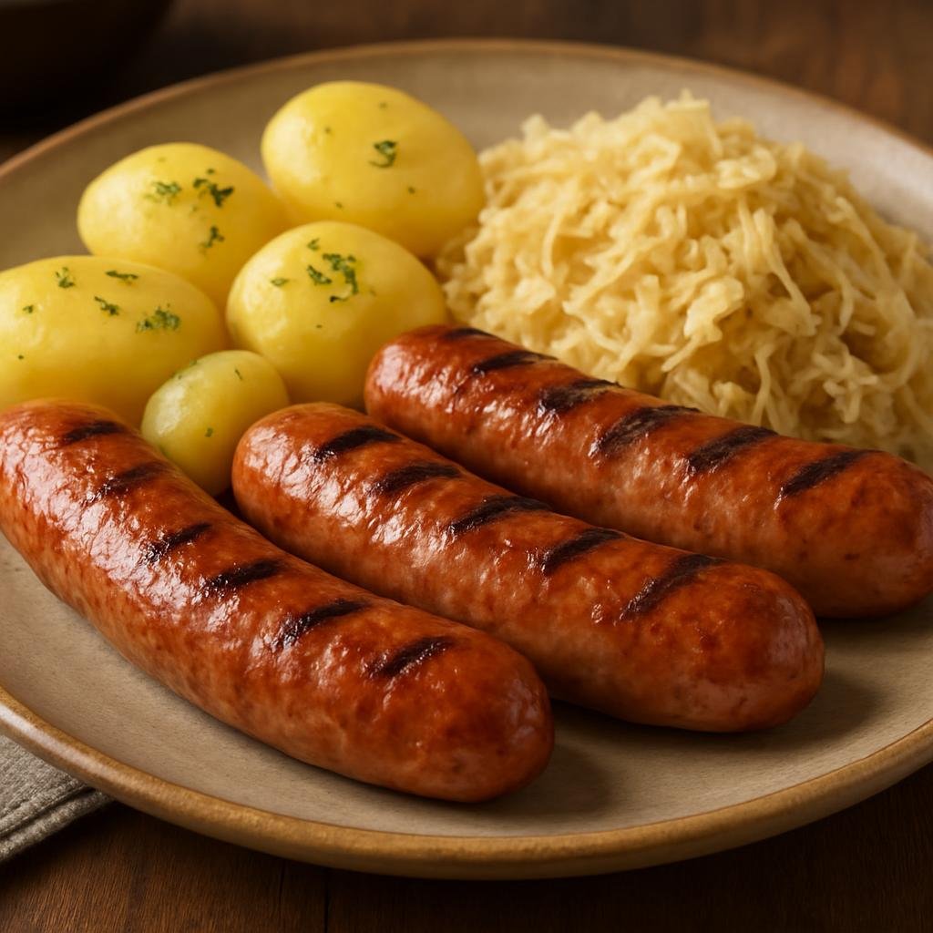 Entree: Slovenia – Northern Culinary Region – Kranjska Klobasa (Traditional Slovenian smoked pork-and-bacon sausage typically grilled or pan-seared and served with potatoes and sauerkraut) recipe