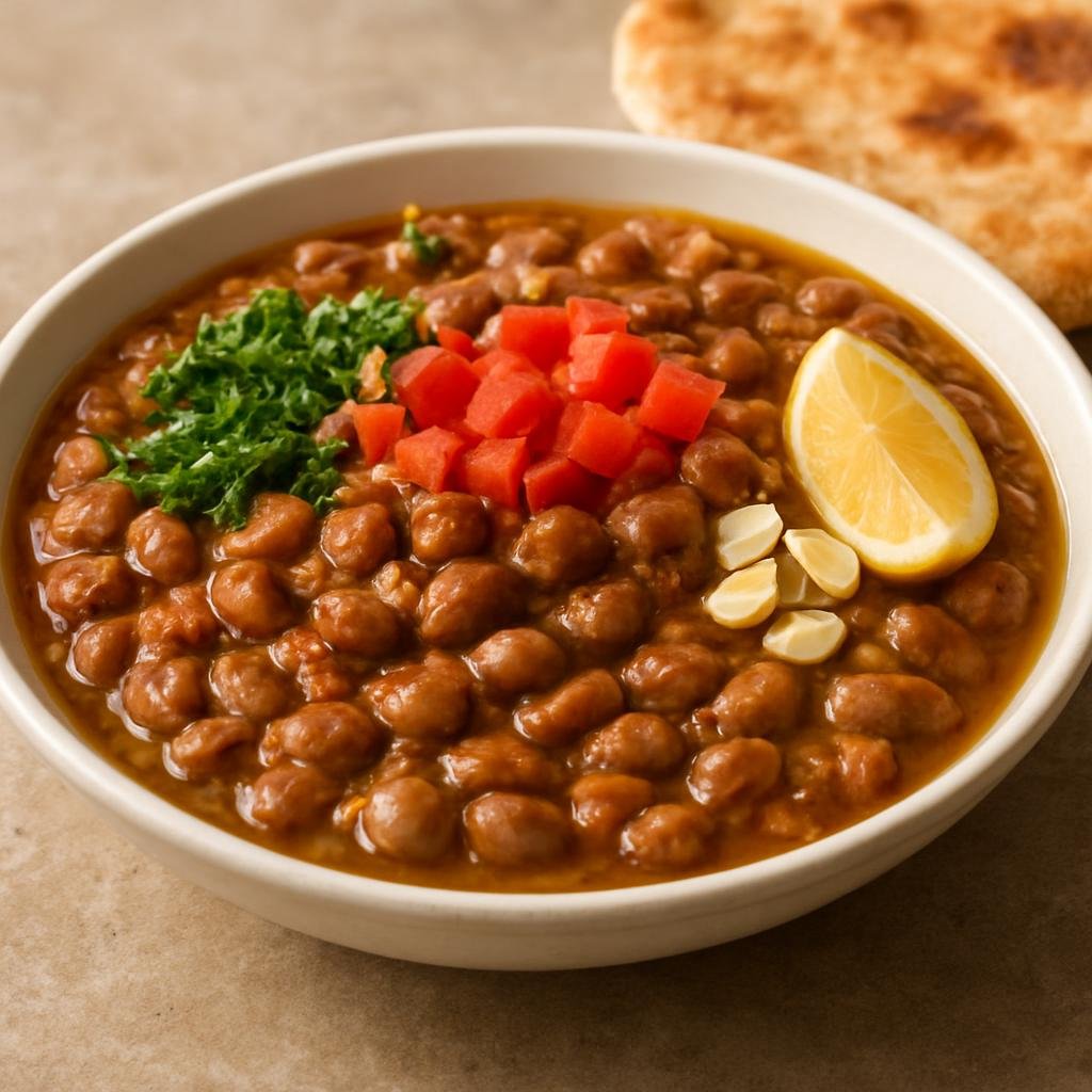 Entree: South Sudan – Northern Culinary Region – Ful Medames (Slow-simmered fava bean stew flavored with olive oil, lemon, garlic, and cumin, served warm with garnishes and bread) recipe
