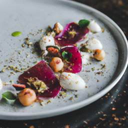 Appetizer: United States – Juniper-Kissed Beet Carpaccio with Goat Cheese and Hazelnut recipe