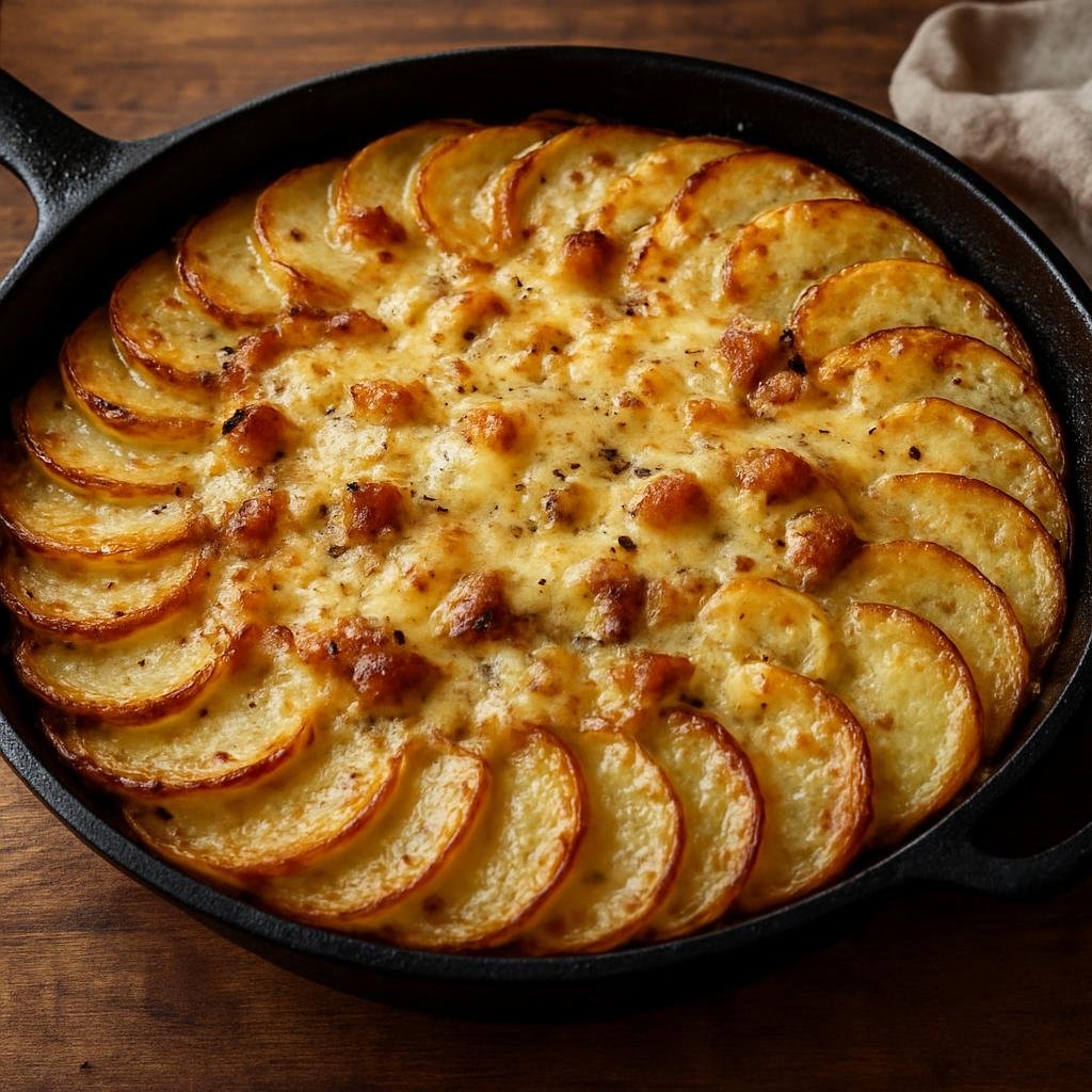 Entree: France – Auvergne – Truffade (Rustic Auvergne skillet of thinly sliced potatoes slowly cooked with Tome cheese and pork fat) recipe
