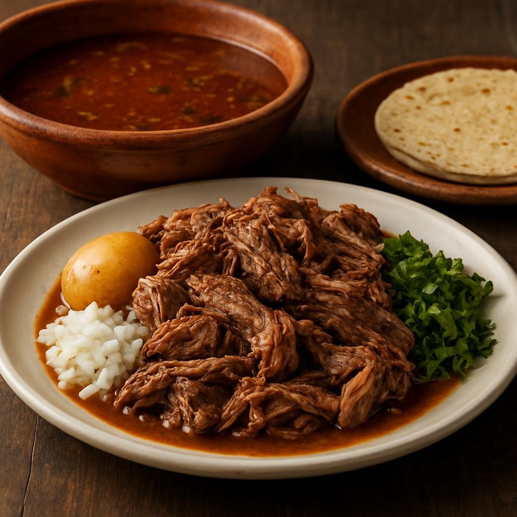 Entree: Mexico – Central Highlands – Barbacoa de Borrego (Traditional slow-steamed spiced lamb served with chile-scented consommé) recipe
