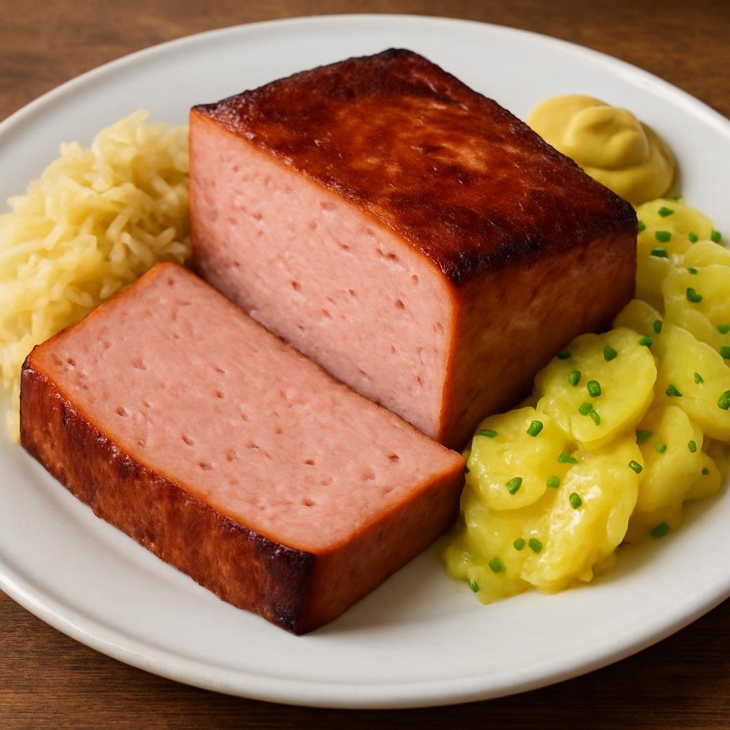 Entree: Germany – Bavaria – Leberkäse (Dense Bavarian baked meatloaf made from finely ground pork and beef, typically sliced and served hot) recipe