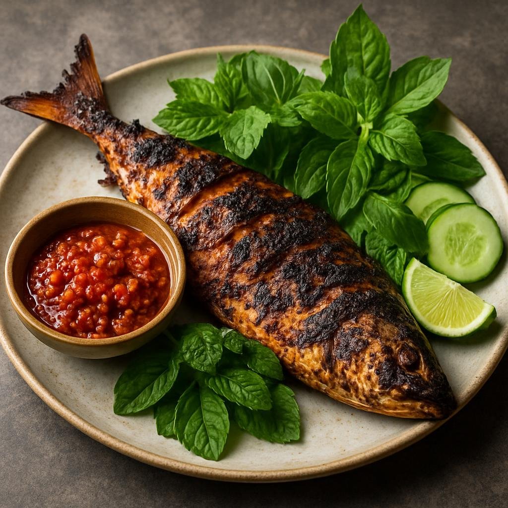 Entree: Malaysia – Malay Peninsula – Ikan Bakar (Charcoal-grilled marinated fish served with a spicy-sweet sambal and aromatic herbs) recipe