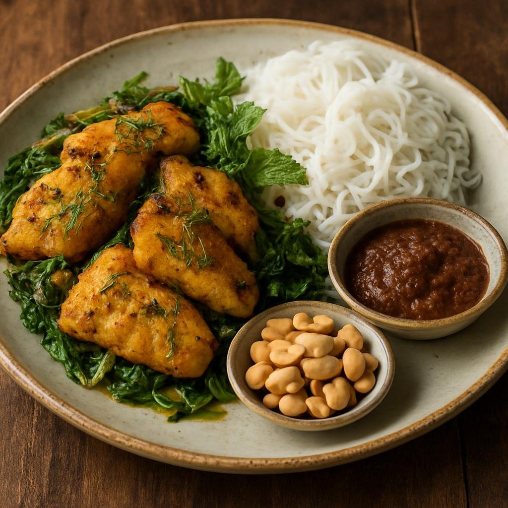 Entree: Vietnam – Hanoi – Chả Cá Lã Vọng (Hanoi-style turmeric and dill fried fish served with rice vermicelli, peanuts, and a fermented shrimp-paste condiment) recipe
