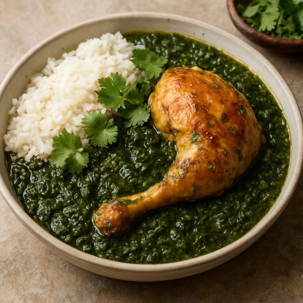 Entree: Egypt – Cairo & Delta – ملوخية ➤ Mulukhiyya (A stew of finely shredded jute leaves cooked in a garlicky coriander broth, often served with chicken and rice) recipe