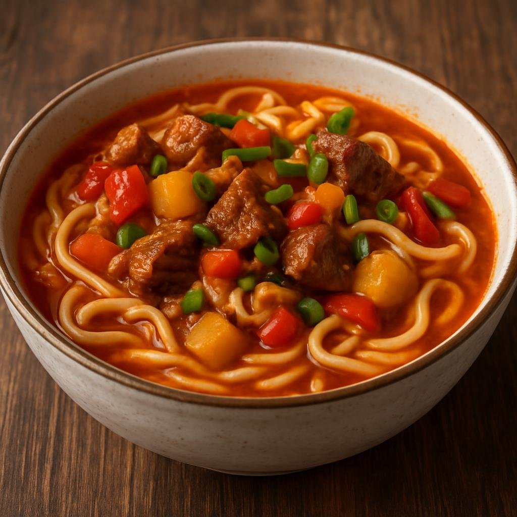 Entree: Ukraine – Crimean Tatar Cuisine – Lagman (Hearty hand-pulled noodle stew of braised meat and vegetables in a savory broth) recipe