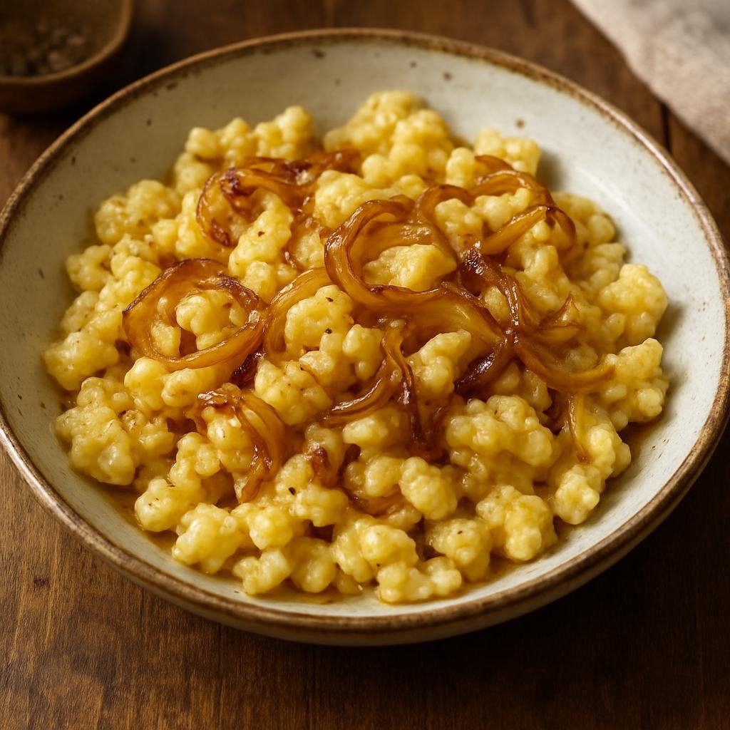 Entree: Austria – Salzburg & Alpine Austria – Kasnocken (Small alpine cheese dumplings similar to spaetzle, tossed with browned butter and caramelized onions) recipe