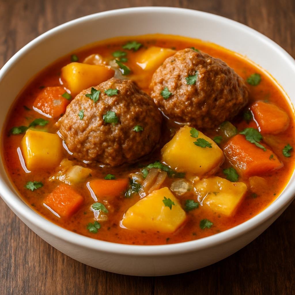 Entree: Azerbaijan – Baku & Absheron – Kufta Bozbash (Large lamb meatballs cooked in a spiced broth with potatoes and vegetables, a classic Azerbaijani stew) recipe