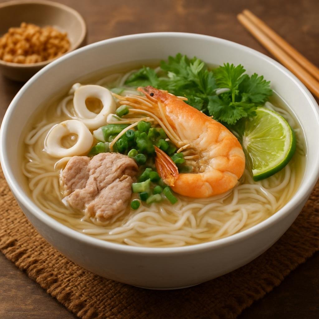 Entree: Cambodia – Coastal Cambodia – គុយទាវ ➤ kuy teav (Cambodian clear rice noodle soup with a pork-based broth and fresh seafood, herbs, and lime) recipe