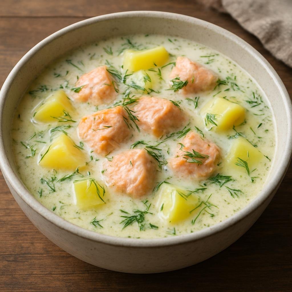 Entree: Finland – Finnish Coastal Cuisine – Salmon Soup (Creamy fish soup of salmon, potatoes, and dill common along Finland’s coast) recipe