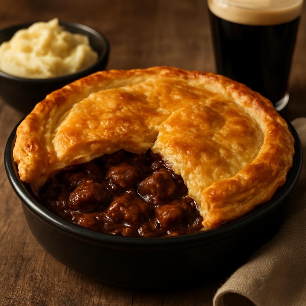 Entree: Ireland – Dublin & East – Guinness Beef Pie (Hearty beef and Guinness stew baked beneath a flaky pastry crust) recipe