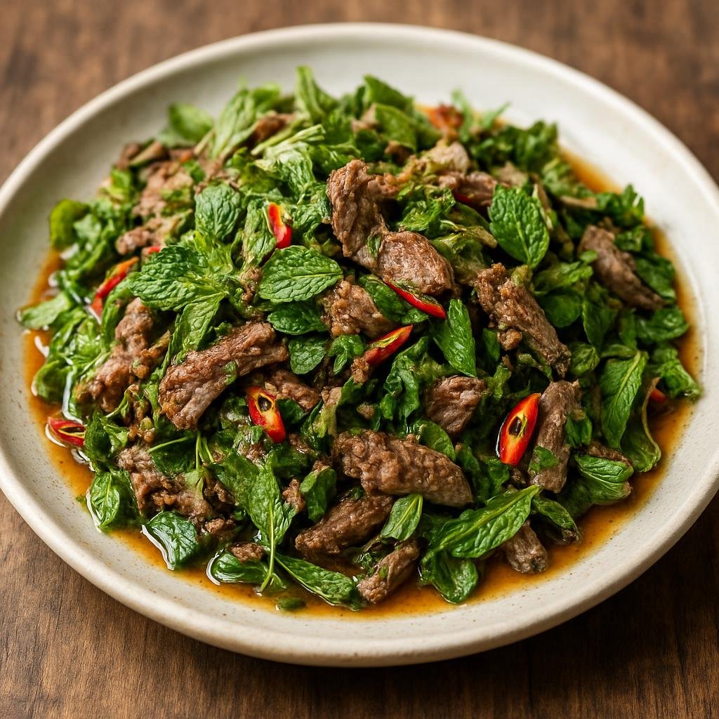 Entree: Myanmar – Kachin & Northern Myanmar – Pounded Beef with Herbs (Tender cooked beef pounded and tossed with bright fresh mountain herbs, chilies, and a tangy fish-sauce dressing) recipe