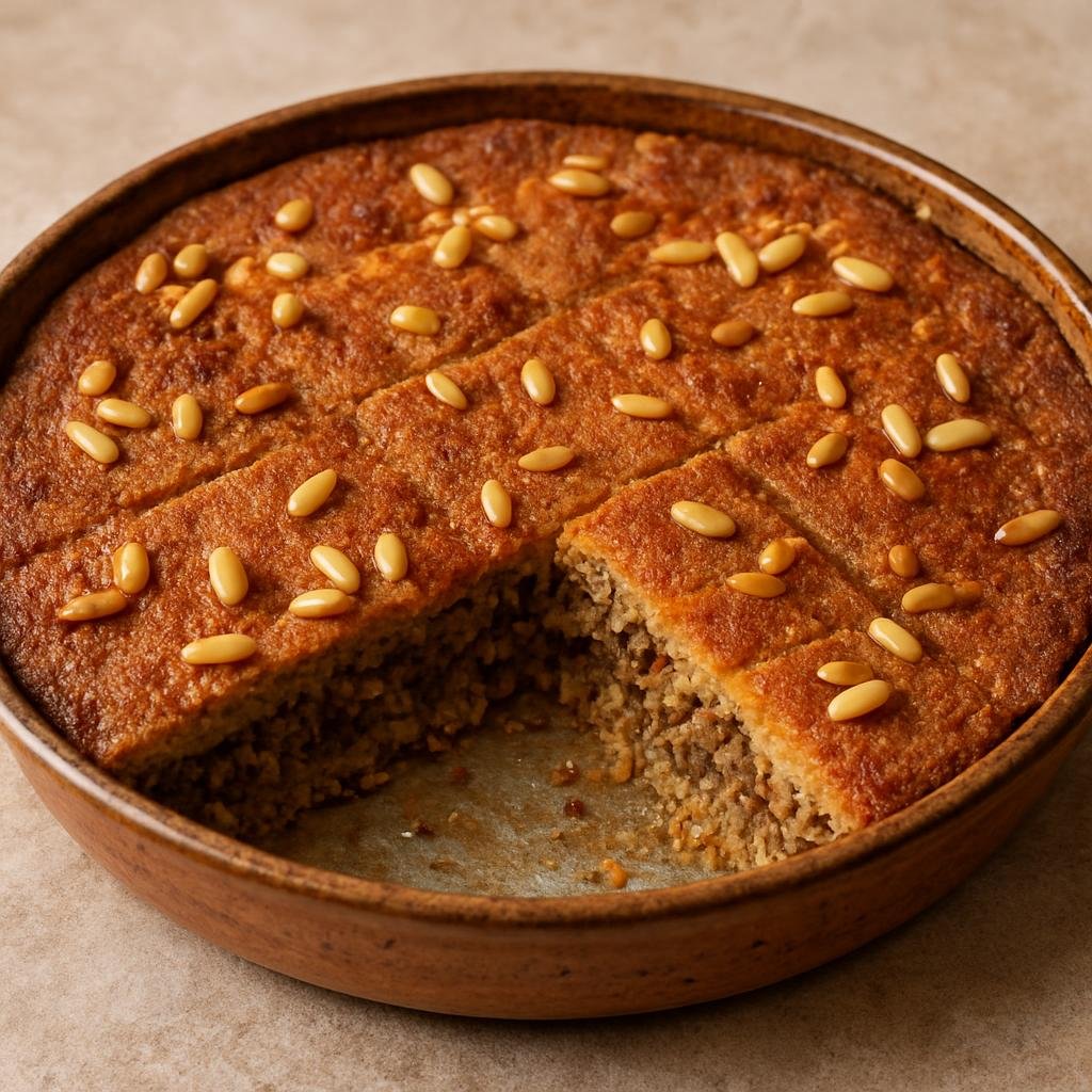 Entree: Syria – Coastal Syria – كبة بالصينية ➤ Kibbeh bil-saniyeh (Baked layered bulgur and spiced ground lamb casserole with a pine nut filling) recipe