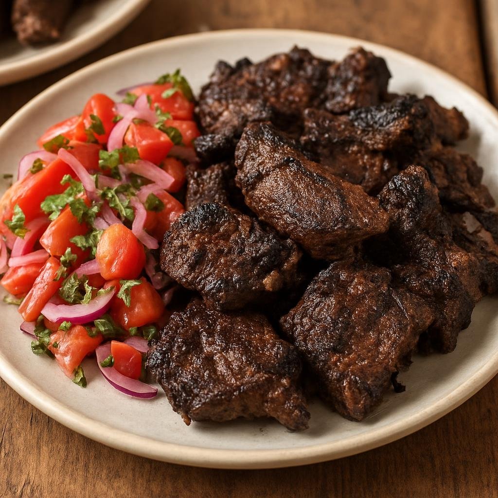 Entree: Tanzania – Lake Victoria Tanzania – Nyama Choma (Charcoal-grilled East African meat, typically goat or beef, served with a fresh tomato-and-onion salad) recipe
