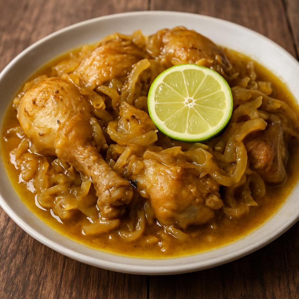 Entree: Burkina Faso – National Cuisine – Poulet Yassa (Chicken marinated and braised in a sharp lemon-vinegar onion sauce) recipe