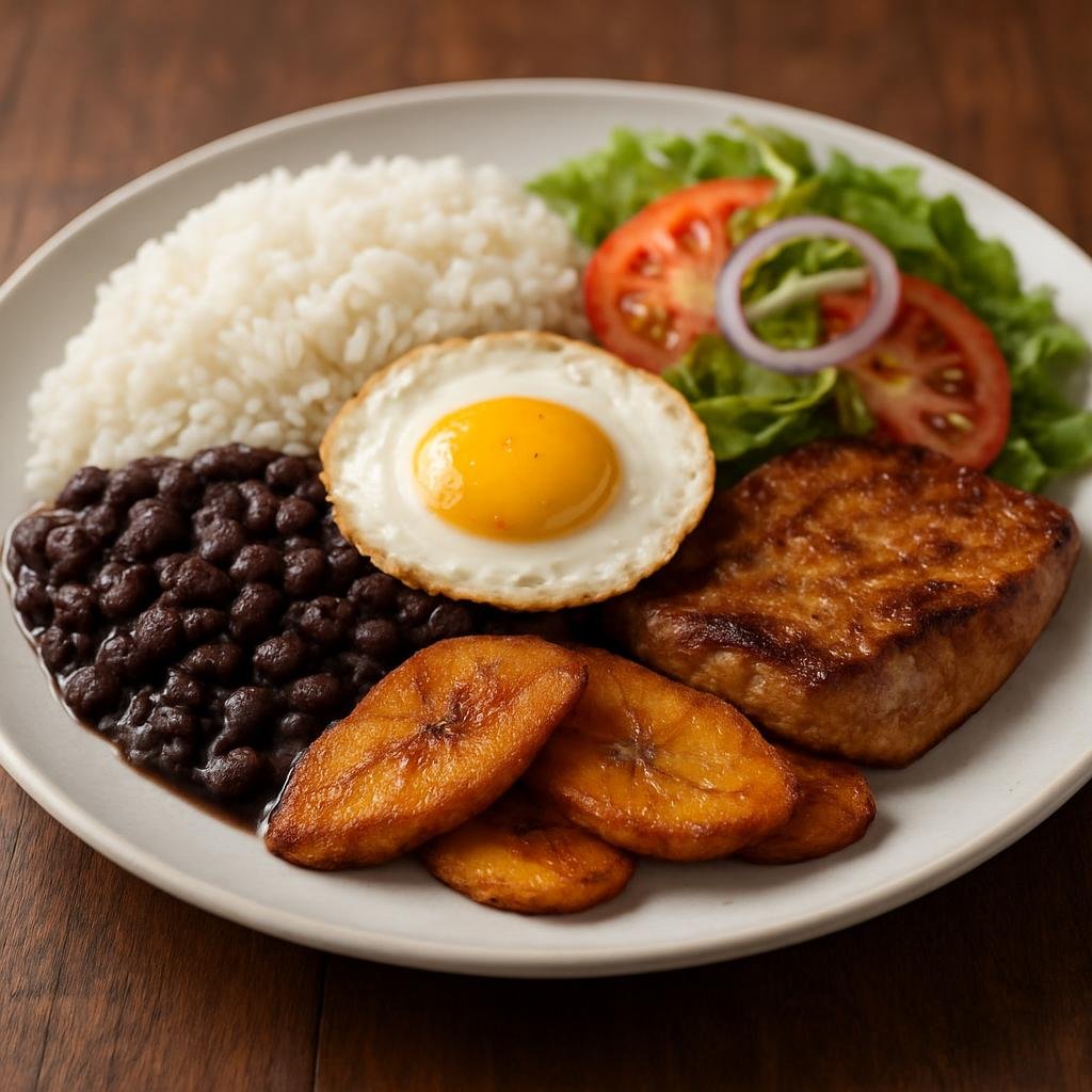 Entree: Costa Rica – National Cuisine – Casado (Traditional Costa Rican plate of rice and beans served with a protein, fried plantain, salad, and often a fried egg) recipe