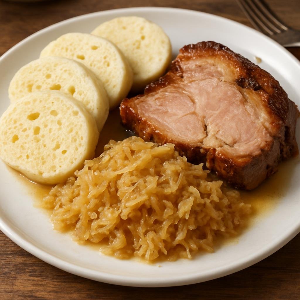 Entree: Czechia – Central Culinary Region – Vepřo knedlo zelo (Roast pork served with steamed bread dumplings and braised sauerkraut) recipe
