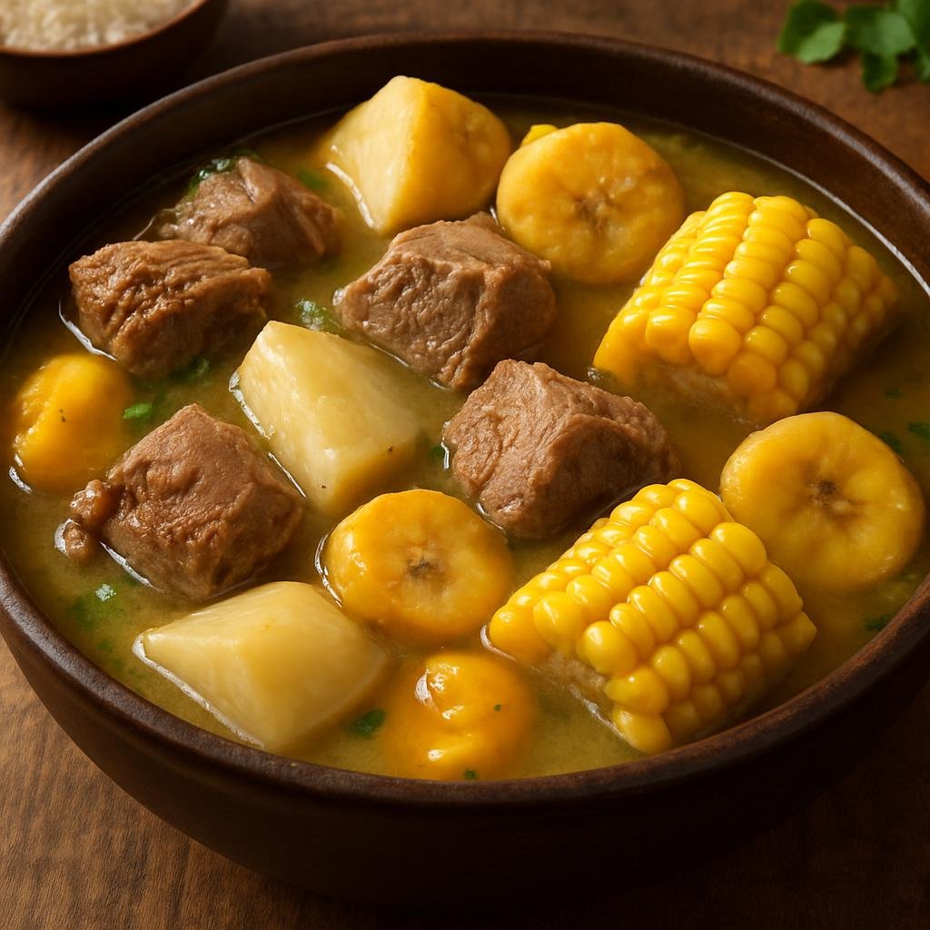 Entree: Dominican Republic – National Cuisine – Sancocho (Hearty Dominican meat and root-vegetable stew made with multiple meats, plantains, yuca, and corn) recipe