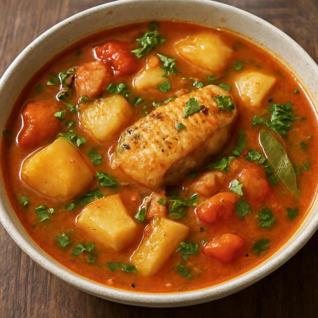 Entree: Equatorial Guinea – National Cuisine – Sopa de Pescado (Hearty coastal fish soup with tomatoes, starchy roots, peppers, and aromatic herbs) recipe